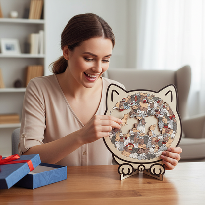 🐱135dílné dřevěné puzzle ve tvaru kočky v barvách Morandiho