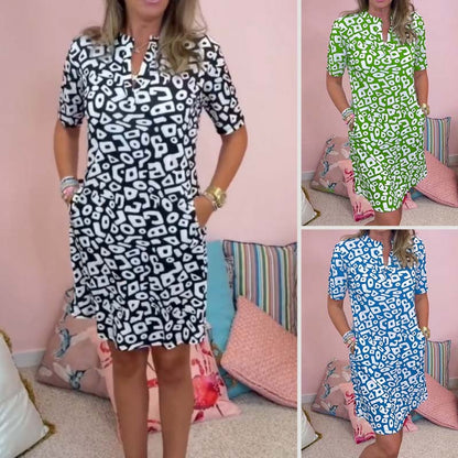【S-3XL】💖Dámské ležérní šaty s krátkým rukávem, výstřihem do V a potiskem