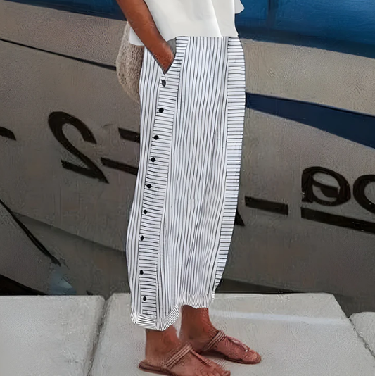👖 Módní volné modré pruhované kalhoty – praktické boční kapsy, zeštíhlující střih a ideální na jarní dny 🌸