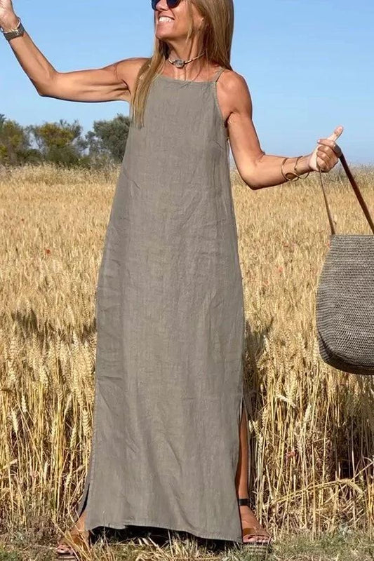 ✨Dámské jednobarevné lněné šaty s odhalenými rameny