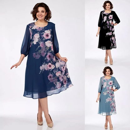 🌸 Elegantní šaty s květinovým potiskem a kulatým výstřihemc