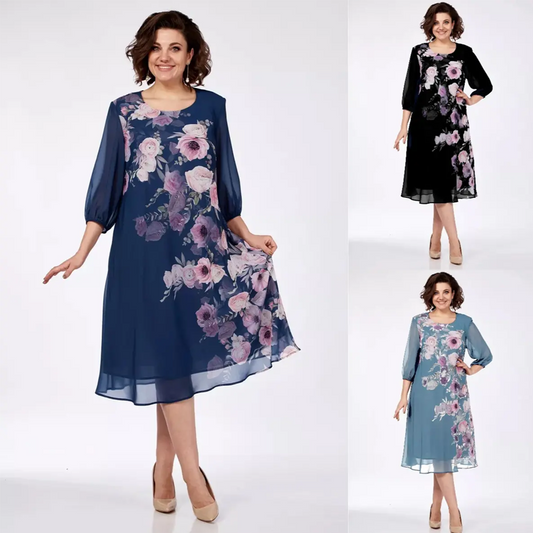 🌸 Elegantní šaty s květinovým potiskem a kulatým výstřihemc