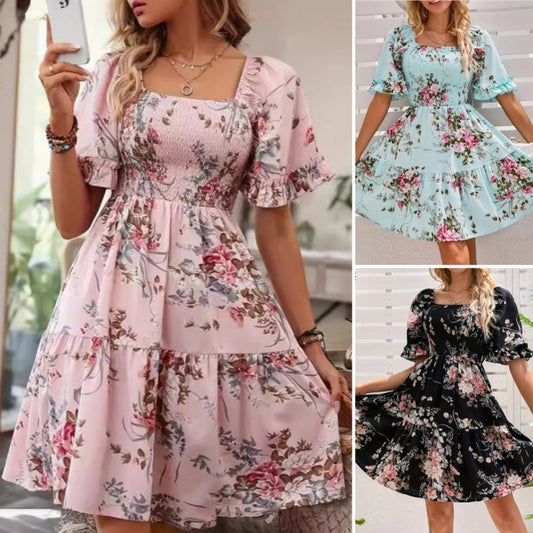 🌺Dámské elegantní květinové šaty s čtvercovým výstřihem