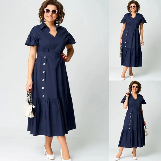 Women's Elegant Fashion Ruffle Short Sleeve Belted Waist Dresses
