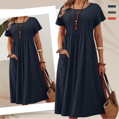 Dámské plisované šaty s krátkými rukávy a kapsami