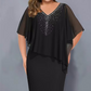 Rhinestone V-Neck Cape Dress with Chiffon Overlay