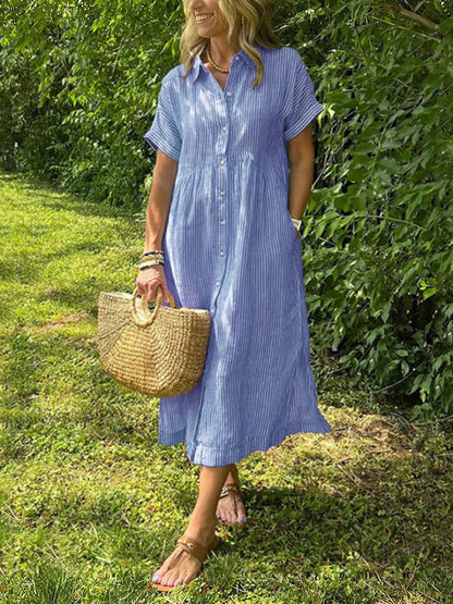 👗 Pruhované košilové šaty s klopami a knoflíky | S funkčními kapsami