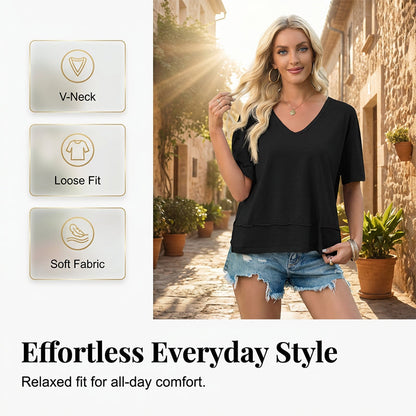 Dámský top s výstřihem do V a polodlouhými rukávy s patchworkovým lemem