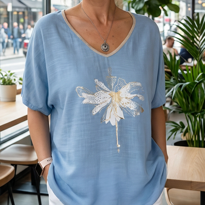 Dámský top s výstřihem do V a květinovým potiskem