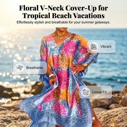 Dámský plážový přehoz s květinovým potiskem a výstřihem do V