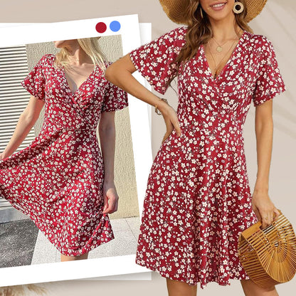 Dámské elegantní šaty s květinovým potiskem, výstřihem do V a krátkými rukávy