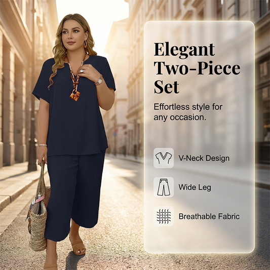 Dámská souprava s volnočasovým tričkem s krátkým rukávem a kalhotami se širokými nohavicemi