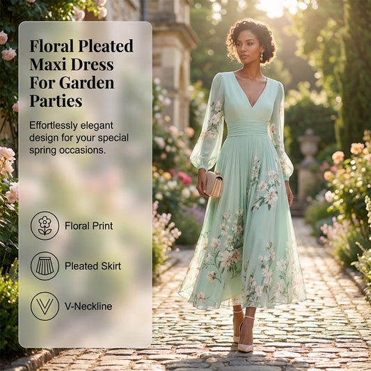 Šaty s květinovým potiskem, výstřihem do V a dlouhými rukávy