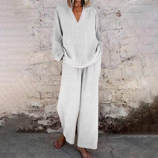 Sada volnočasového jednobarevného trička s výstřihem do V a dlouhými rukávy a kalhot se širokými nohavicemi