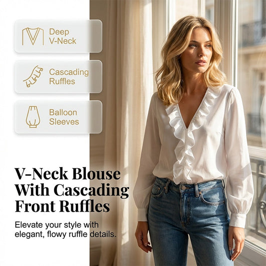 🔥Horká nabídka 2026🔥Dámská halenka s volánky, výstřihem do V a dlouhými rukávy
