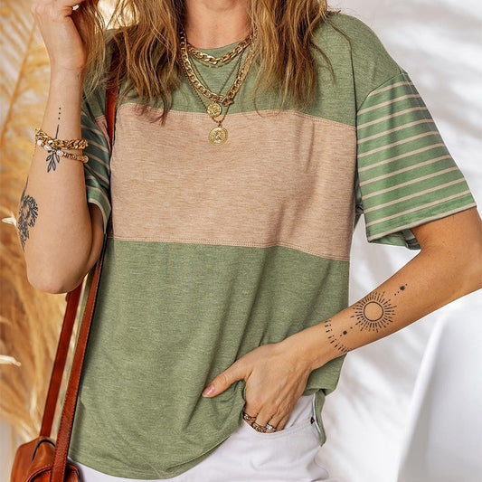 🔥Horká nabídka 2026 – SLEVA 68 %🔥Dámské ležérní tričko s kulatým výstřihem, pruhy a kontrastními barvami, s krátkými rukávy