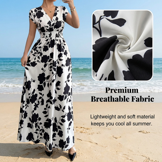 Květinové V-výstřih Smocked Pas Maxi šaty