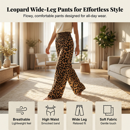 Dámské Leopardí Kalhoty s Nařaseným Pasem a Širokými Nohavicemi