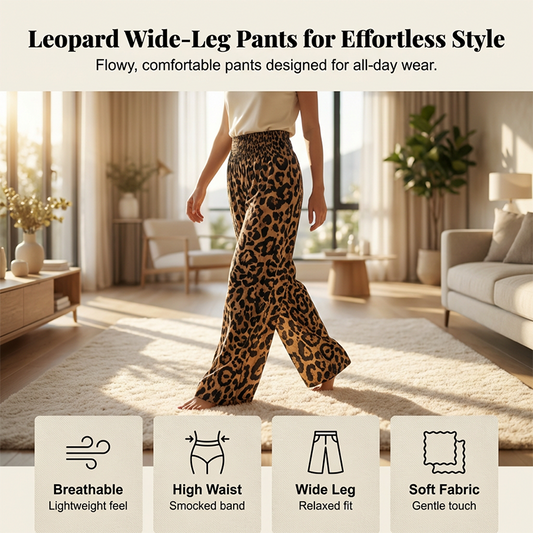 Dámské Leopardí Kalhoty s Nařaseným Pasem a Širokými Nohavicemi