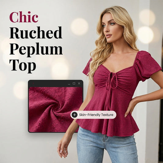 Dámský top s nafouklými rukávy, šňůrkou a volánkem