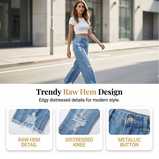 High-Waist Barrel Leg Jeans with Distressed Hem