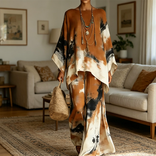 Abstract Print Flowy Wide Leg Pants and Top Set