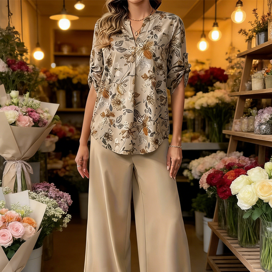Women's 2-Piece Floral Blouse & Wide-Leg Pants Set