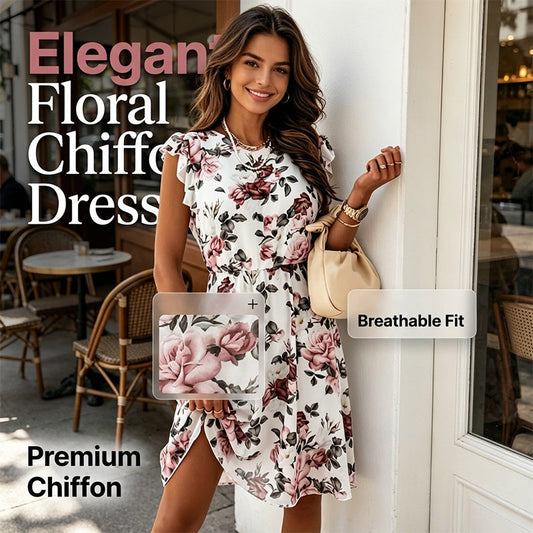 Women's Floral Ruffle Sleeve Chiffon Dress